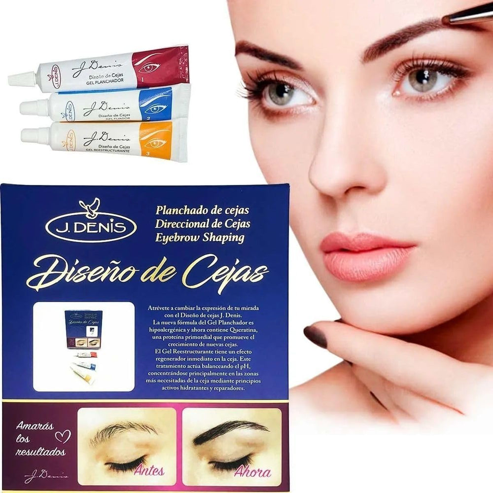 J Denis eyebrow lamination kit contents for at-home professional shaping.