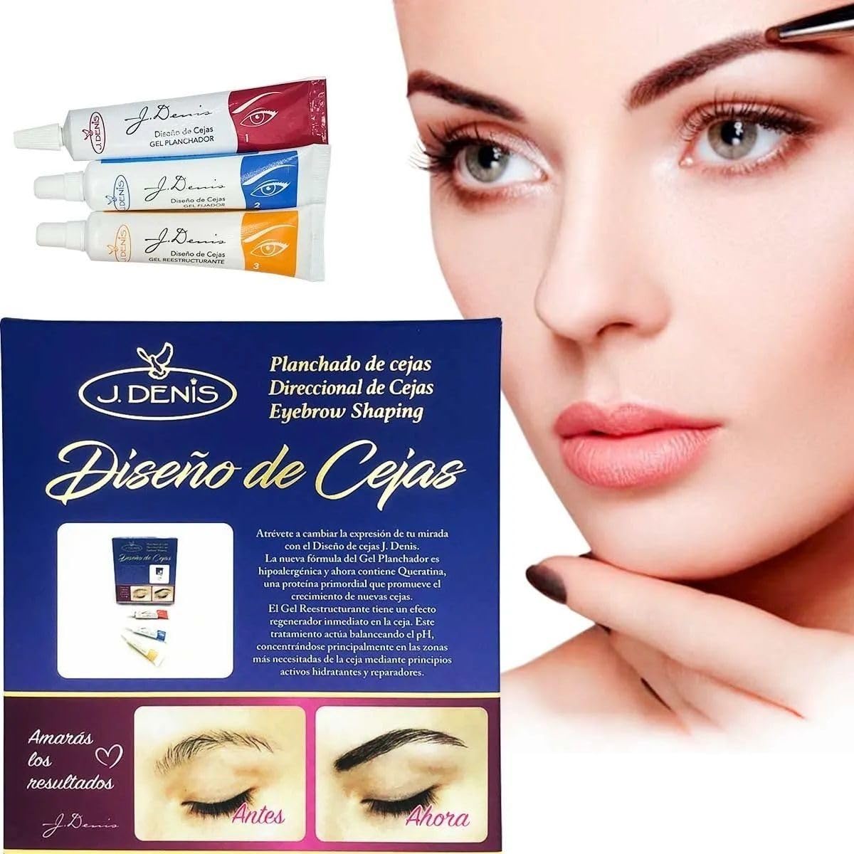 J Denis eyebrow lamination kit contents for at-home professional shaping.
