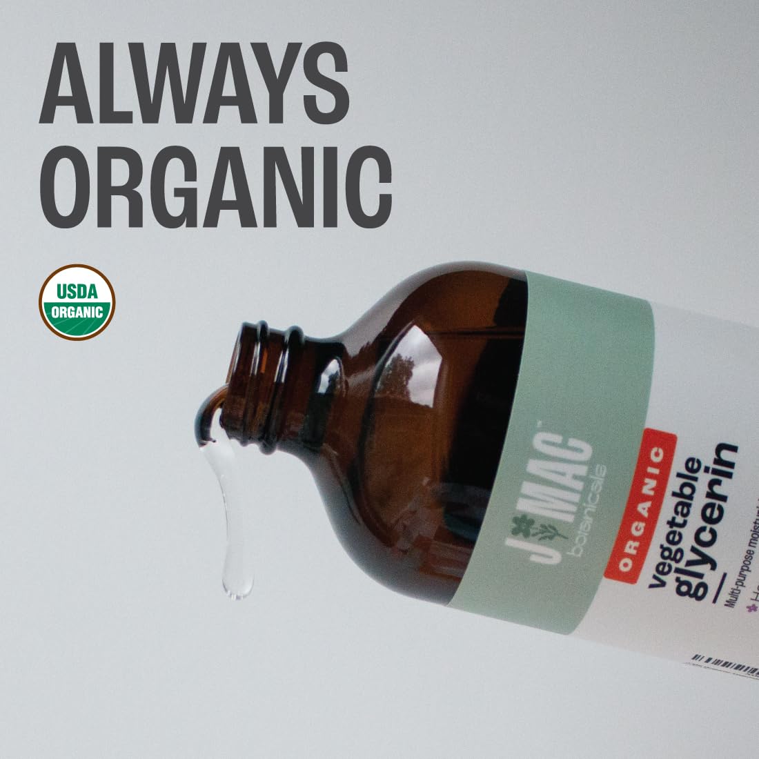 J Mac Botanicals amber glass glycerin bottle protects purity from light.