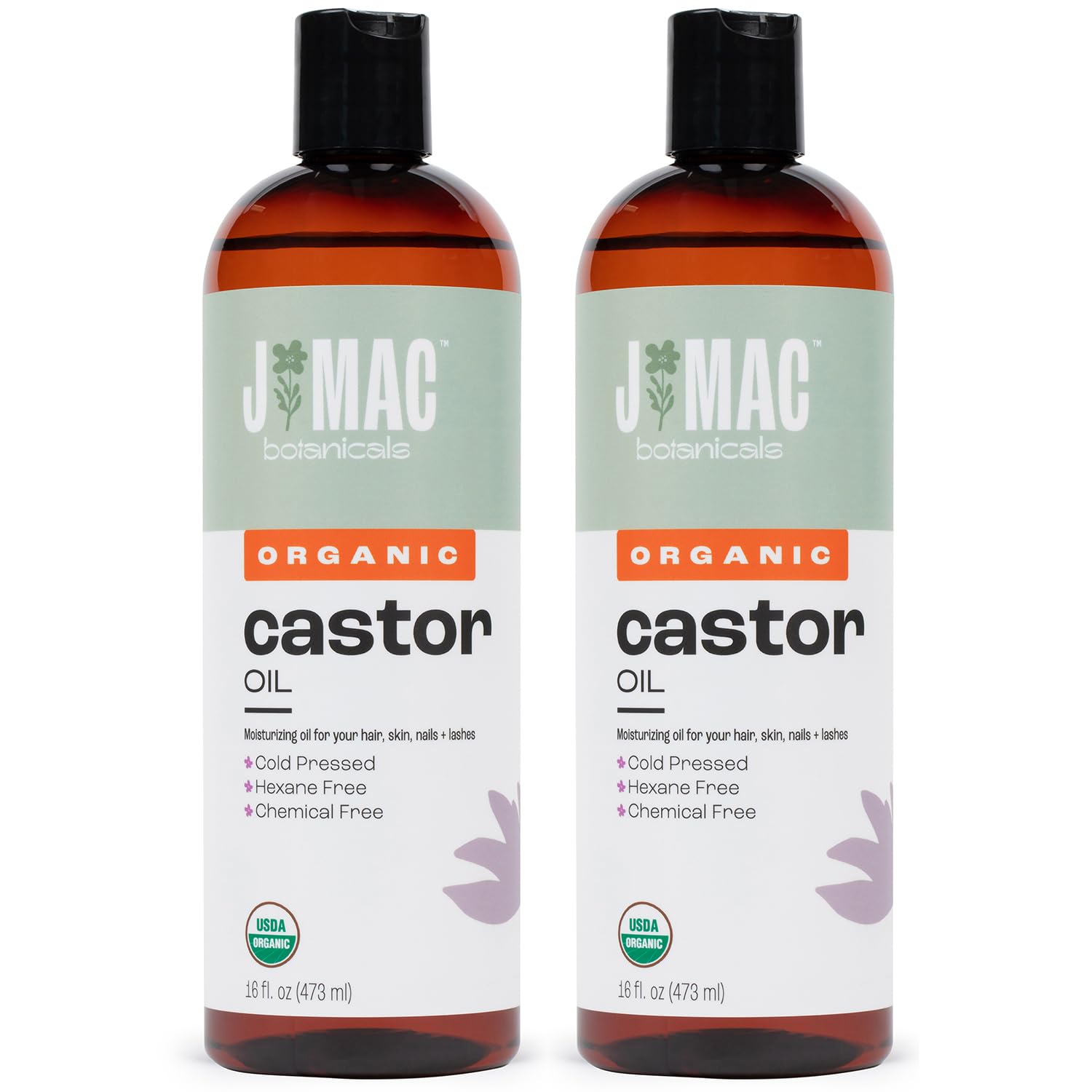 J Mac Botanicals castor oil bottle shows 32 oz size for face and hair care