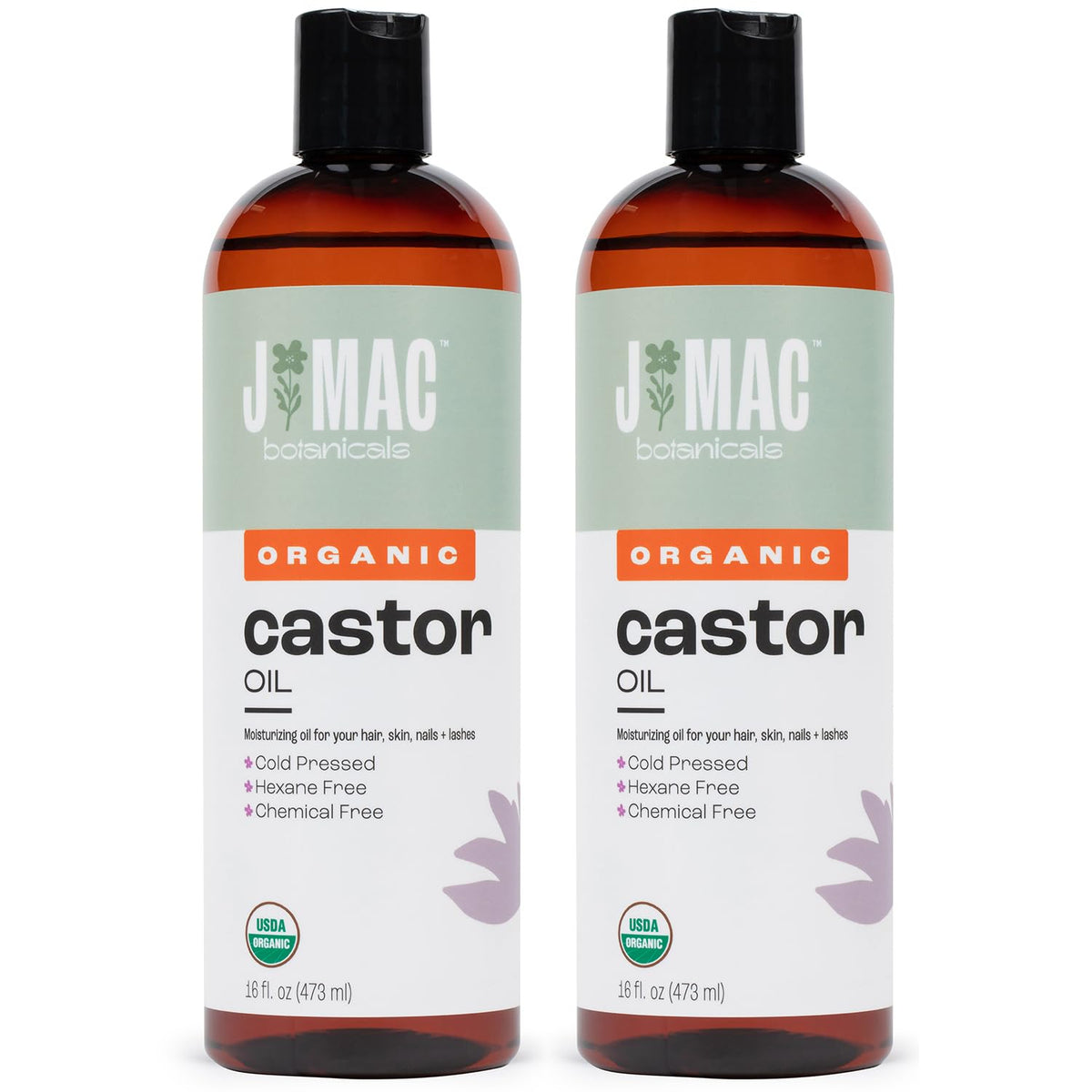 J Mac Botanicals castor oil bottle shows 32 oz size for face and hair care