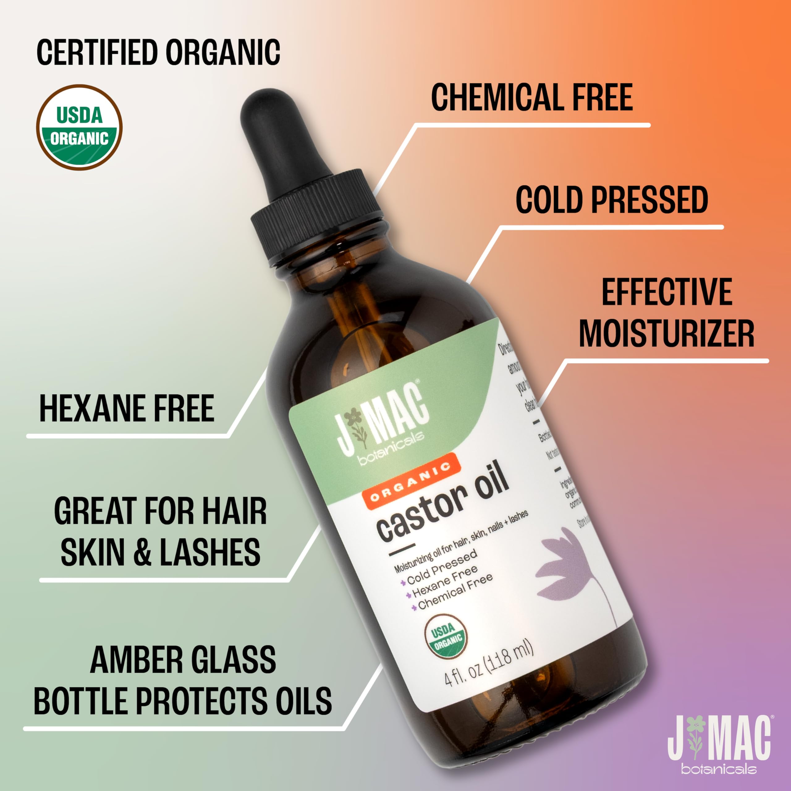 J Mac Botanicals castor oil hair treatment moisturizes dry strands.