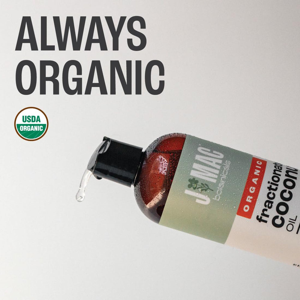 J MAC BOTANICALS fractionated coconut oil pour demonstrates easy dilution for essential oils