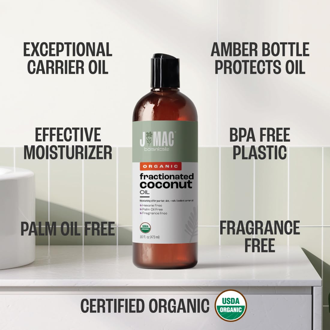 J MAC BOTANICALS fractionated coconut oil used as a lightweight skin moisturizer