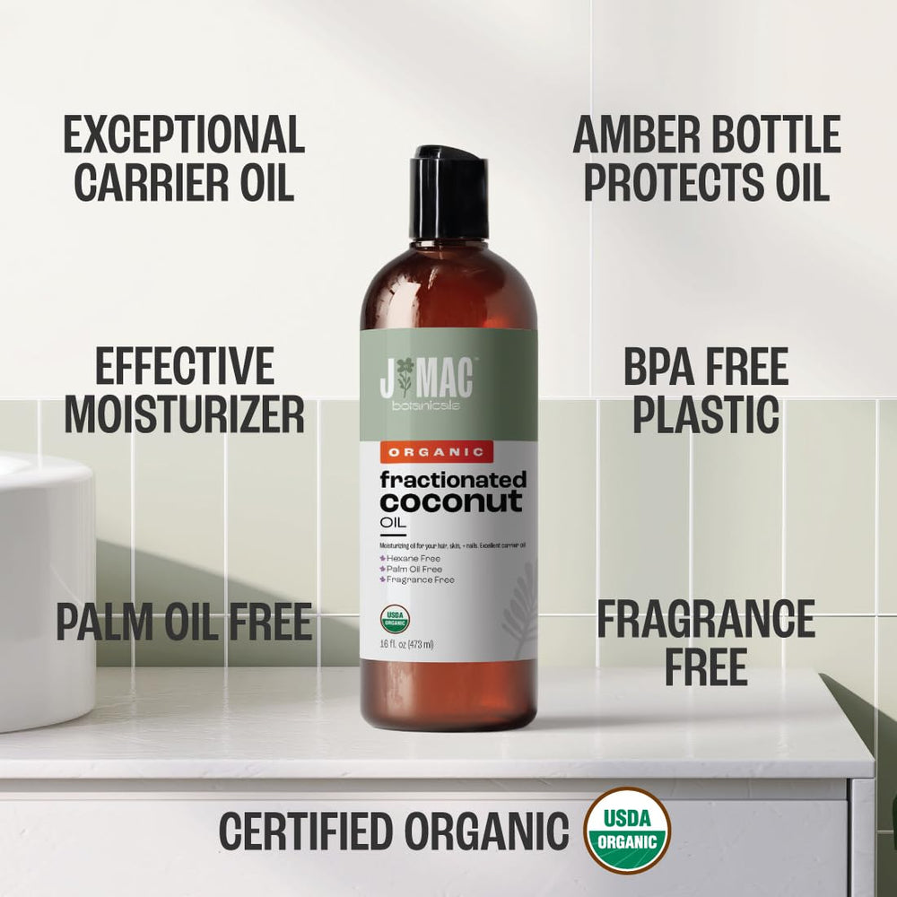 J MAC BOTANICALS fractionated coconut oil used as a lightweight skin moisturizer