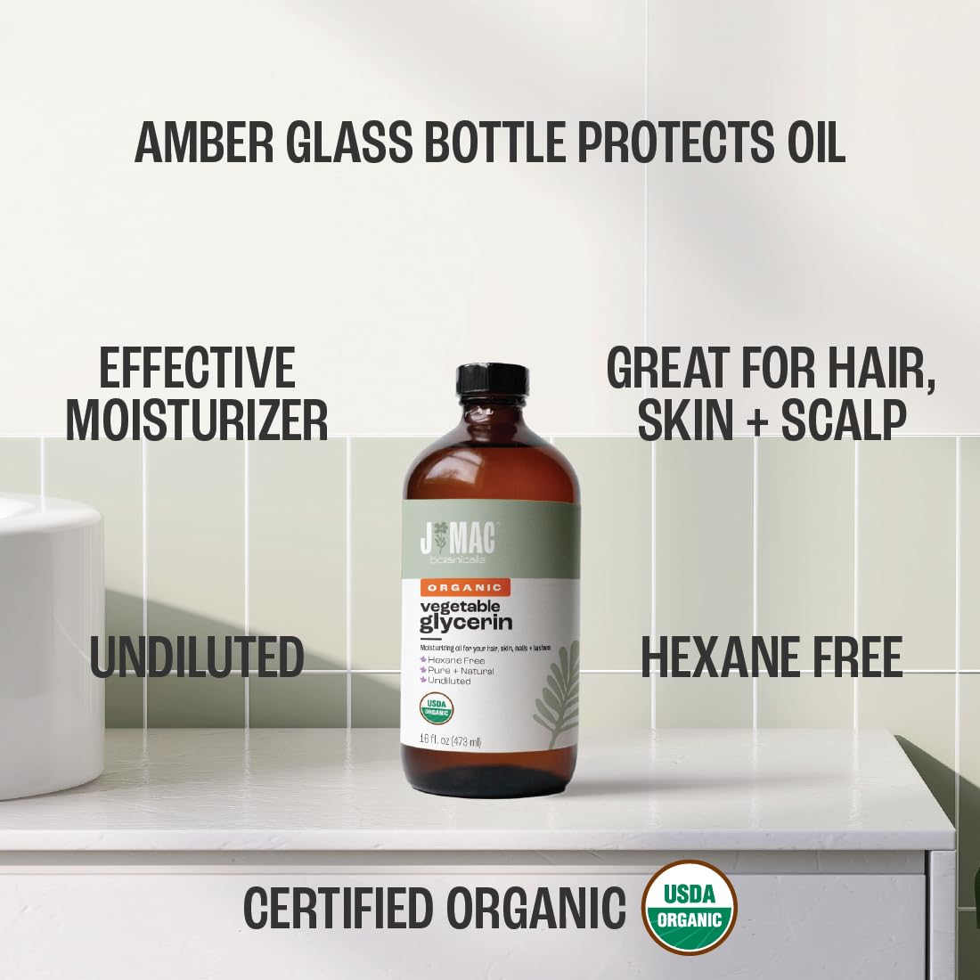 J Mac Botanicals hexane-free glycerin bottle ensures clean formulations.