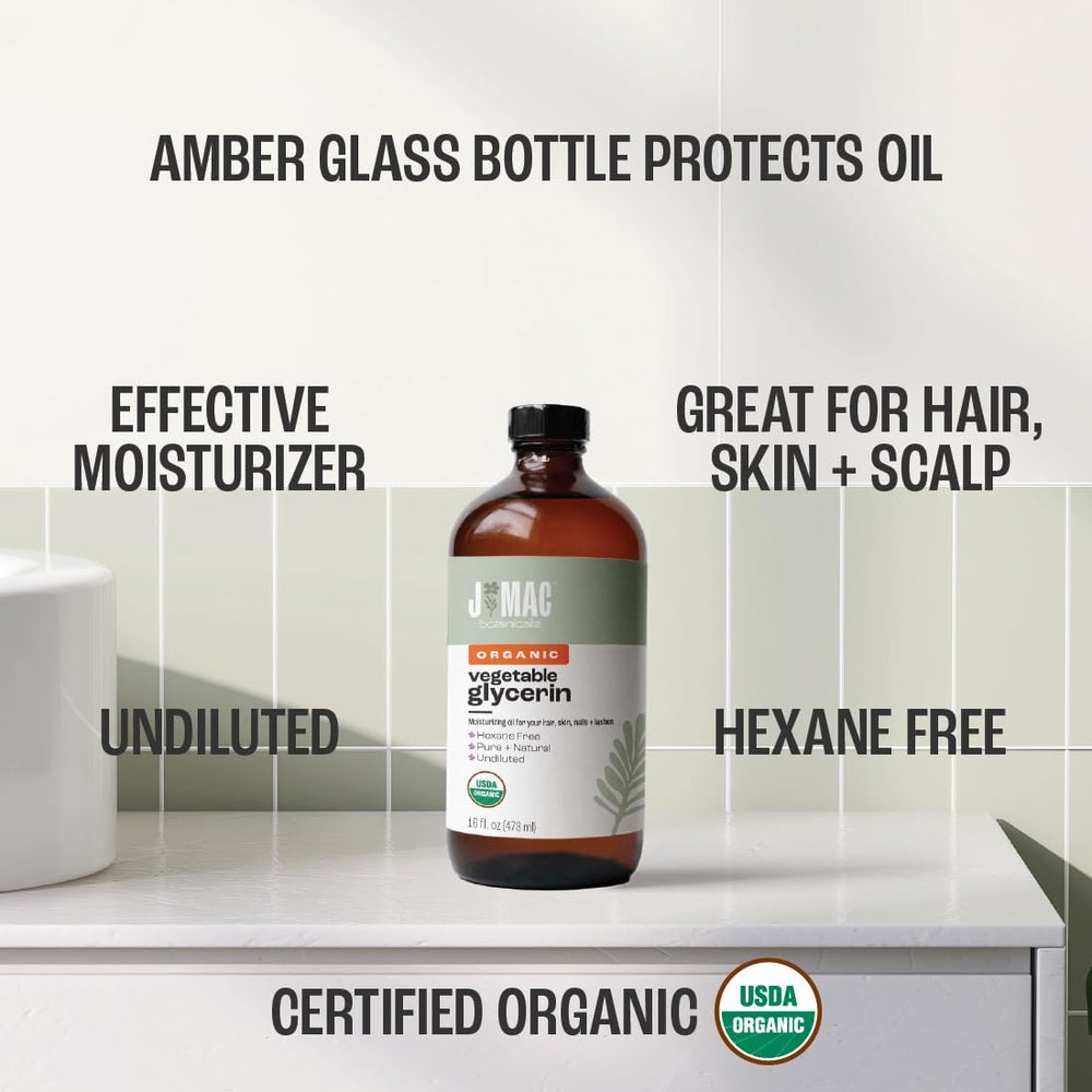 J Mac Botanicals hexane-free glycerin bottle ensures clean formulations.