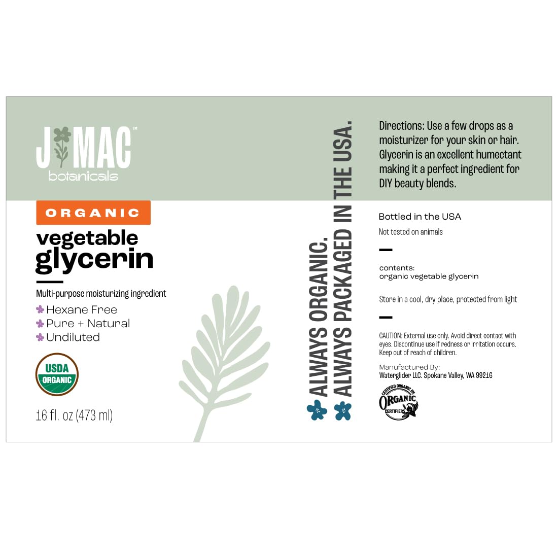J Mac Botanicals Organic Certifiers label guarantees organic quality.