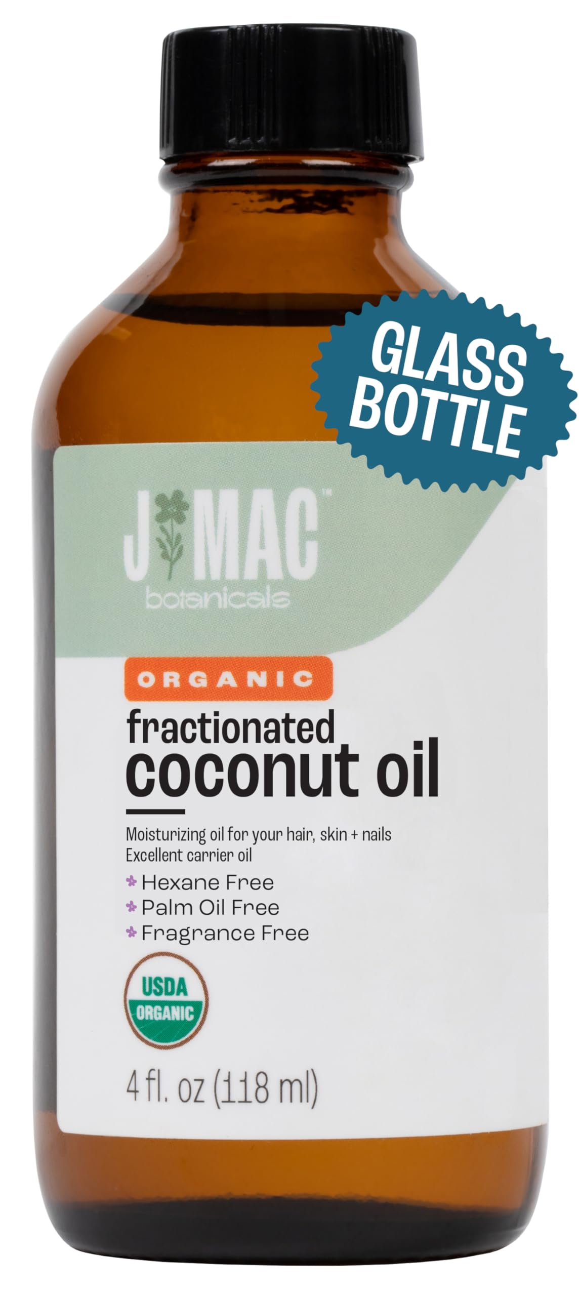 J Mac Botanicals Organic Fractionated Coconut Oil bottle on a clean counter for massage prep
