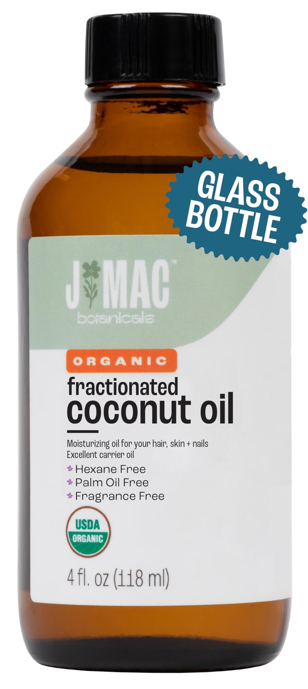 J Mac Botanicals Organic Fractionated Coconut Oil bottle on a clean counter for massage prep