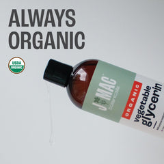 J Mac Botanicals glycerin oil label close-up highlighting organic hexane-free purity