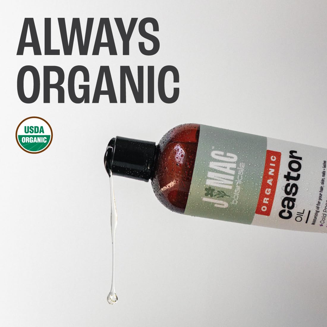 J Mac Botanicals organic seal on oil label emphasizes purity and hexane-free formula