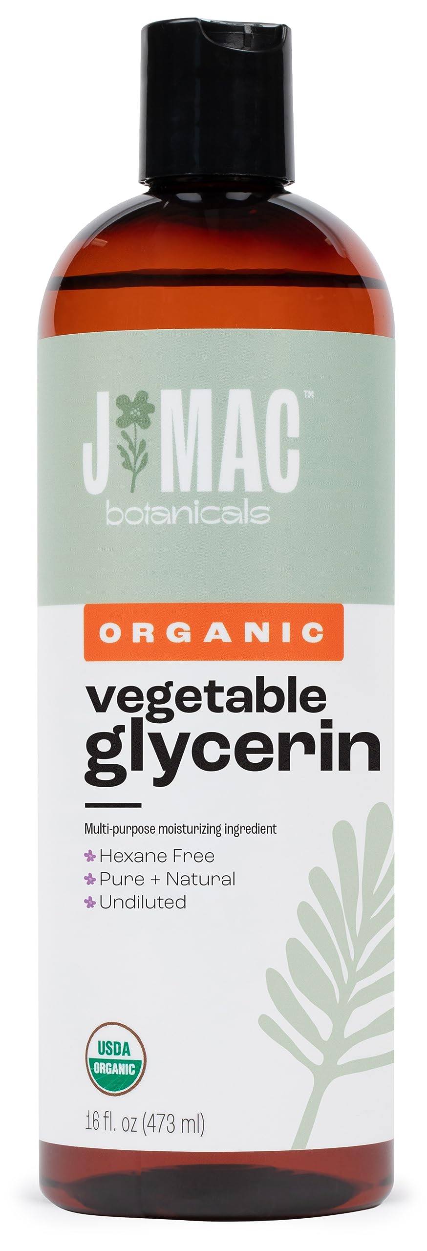J Mac Botanicals organic glycerin oil bottle close-up showing silky hydration for skin