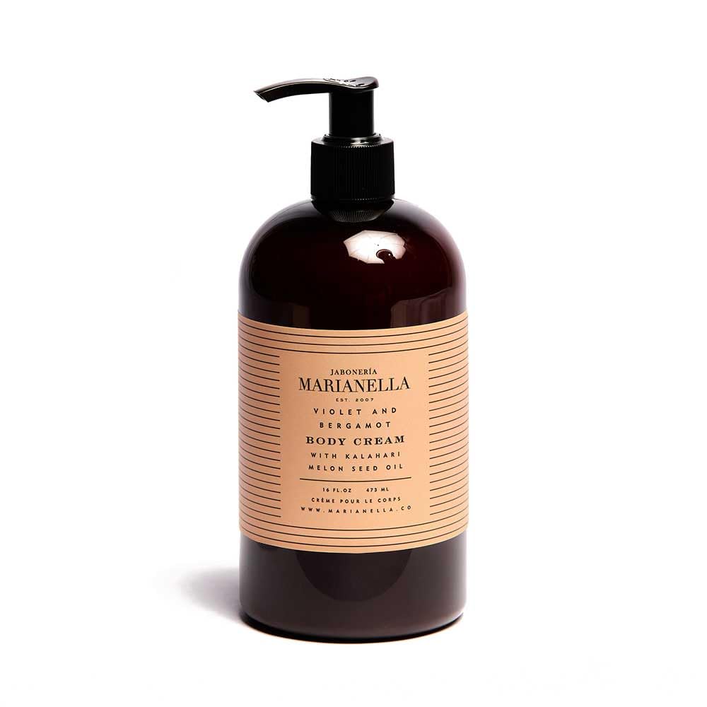 Jaboneria Marianella Violet & Bergamot Body Cream bottle showcases a lightweight, hydrating formula.