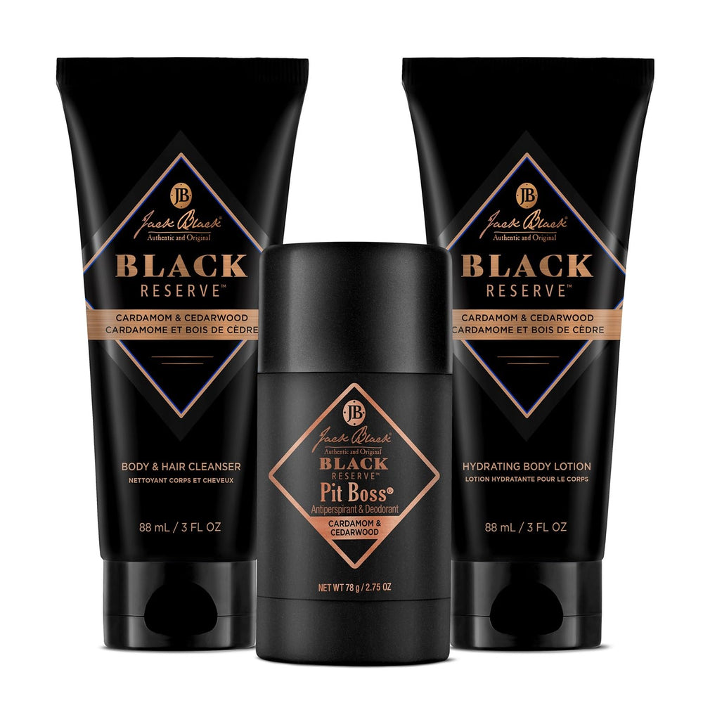 Jack Black Black Reserve body lotion jar provides hydrating moisture for night routines