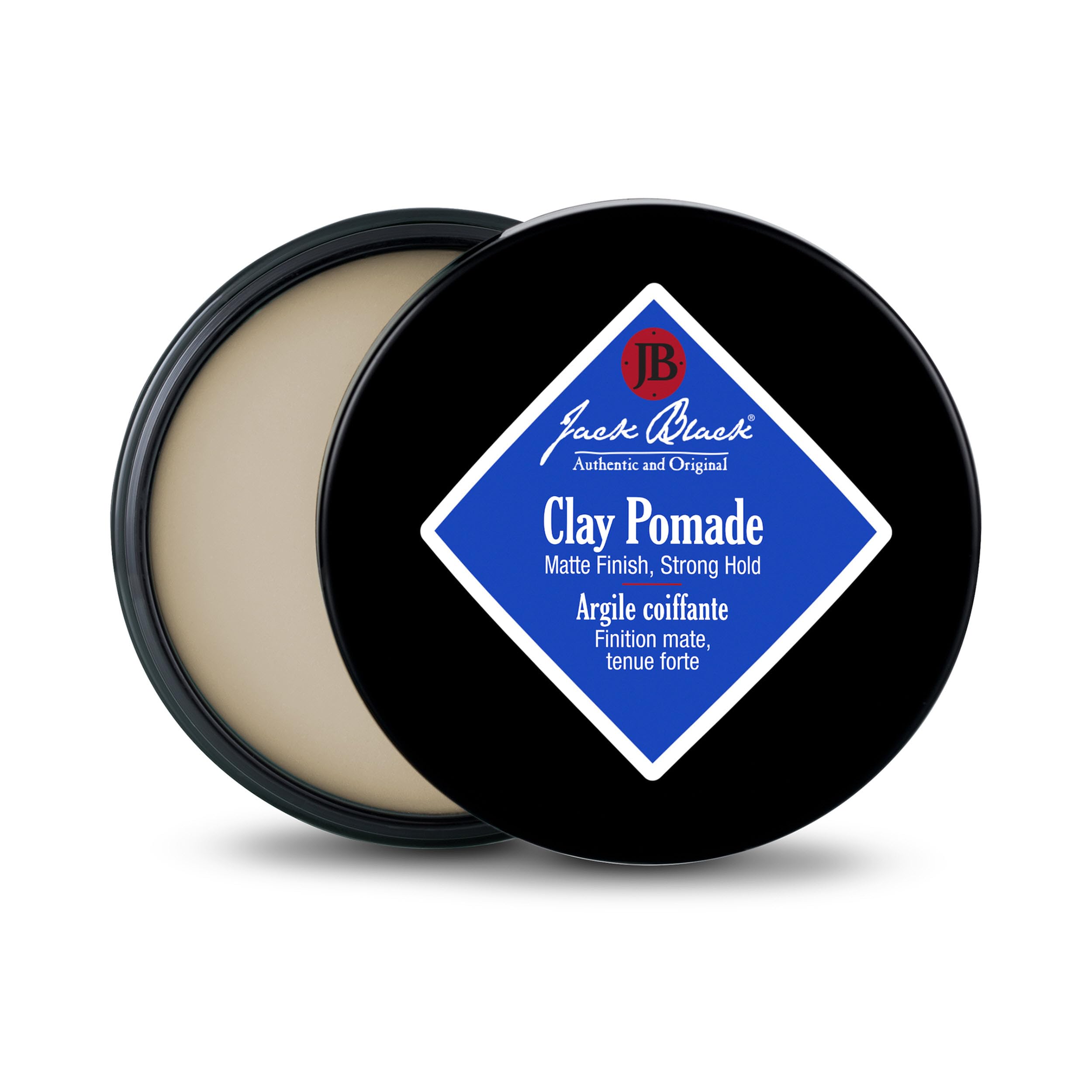 Jack Black Clay Pomade jar close-up for natural-looking hold and matte finish.