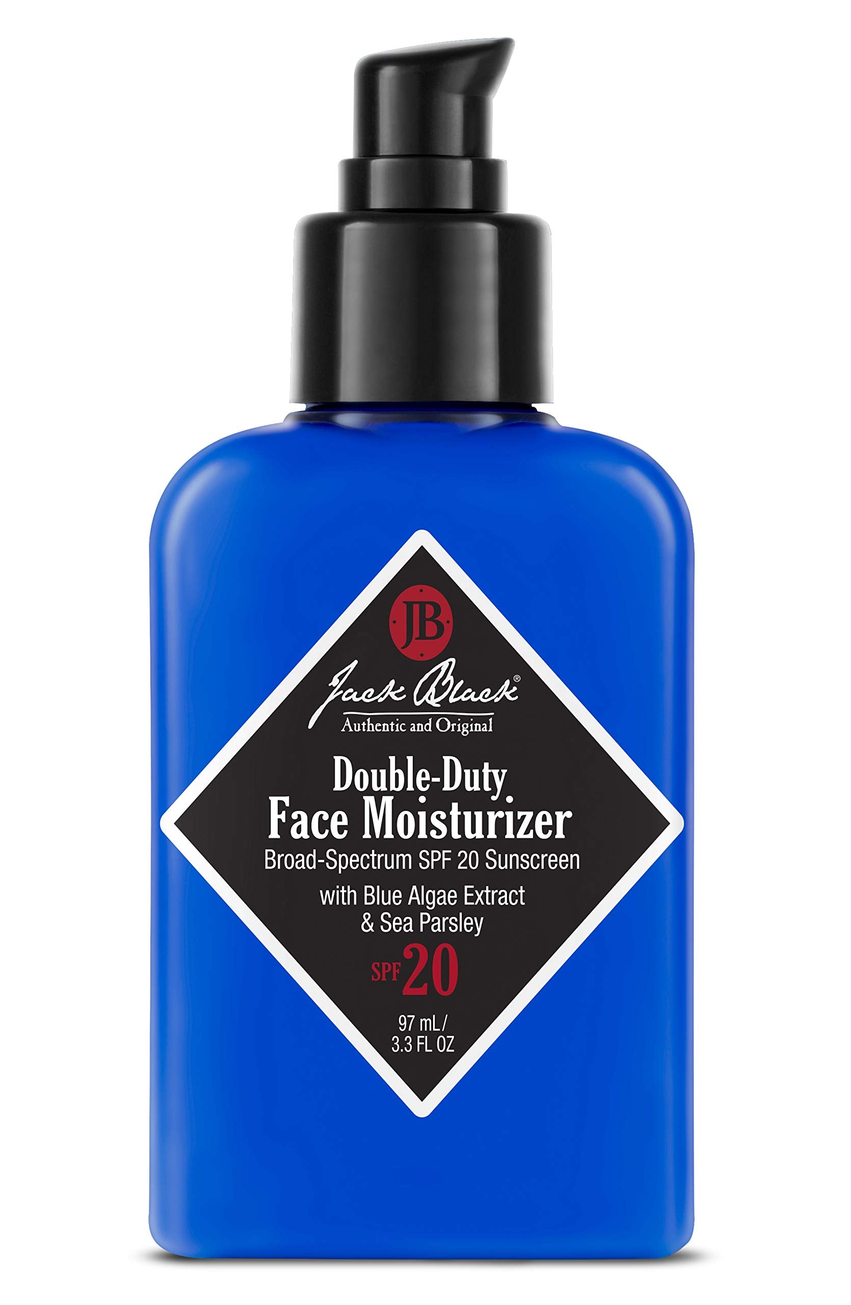 Jack Black Double-Duty Face Moisturizer SPF 20 bottle provides daily hydration and broad-spectrum protection.