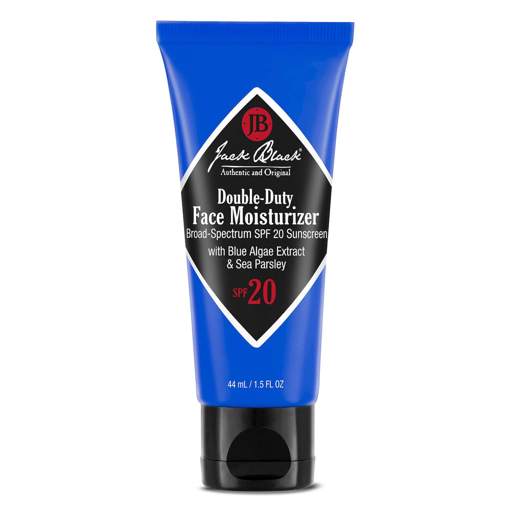 Jack Black Double-Duty moisturizer SPF 20 bottle offering daily hydration and sun protection.