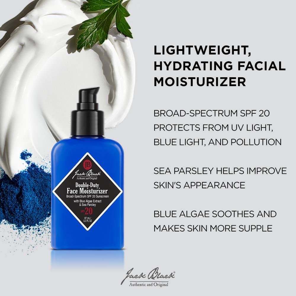 Jack Black Double-Duty moisturizer texture swirl showing lightweight, non-greasy feel with sun protection.