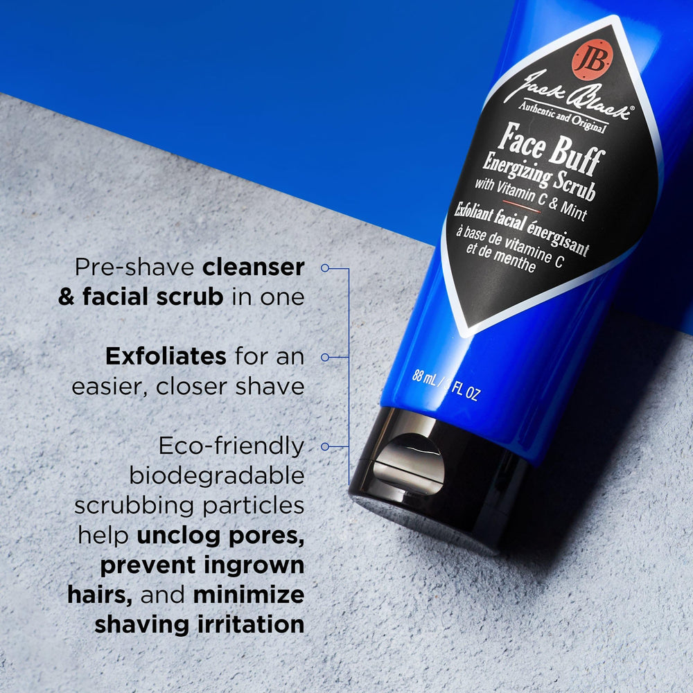 Jack Black Face Buff is applied over wet skin for invigorating exfoliation.