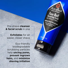 Jack Black Face Buff is applied over wet skin for invigorating exfoliation.