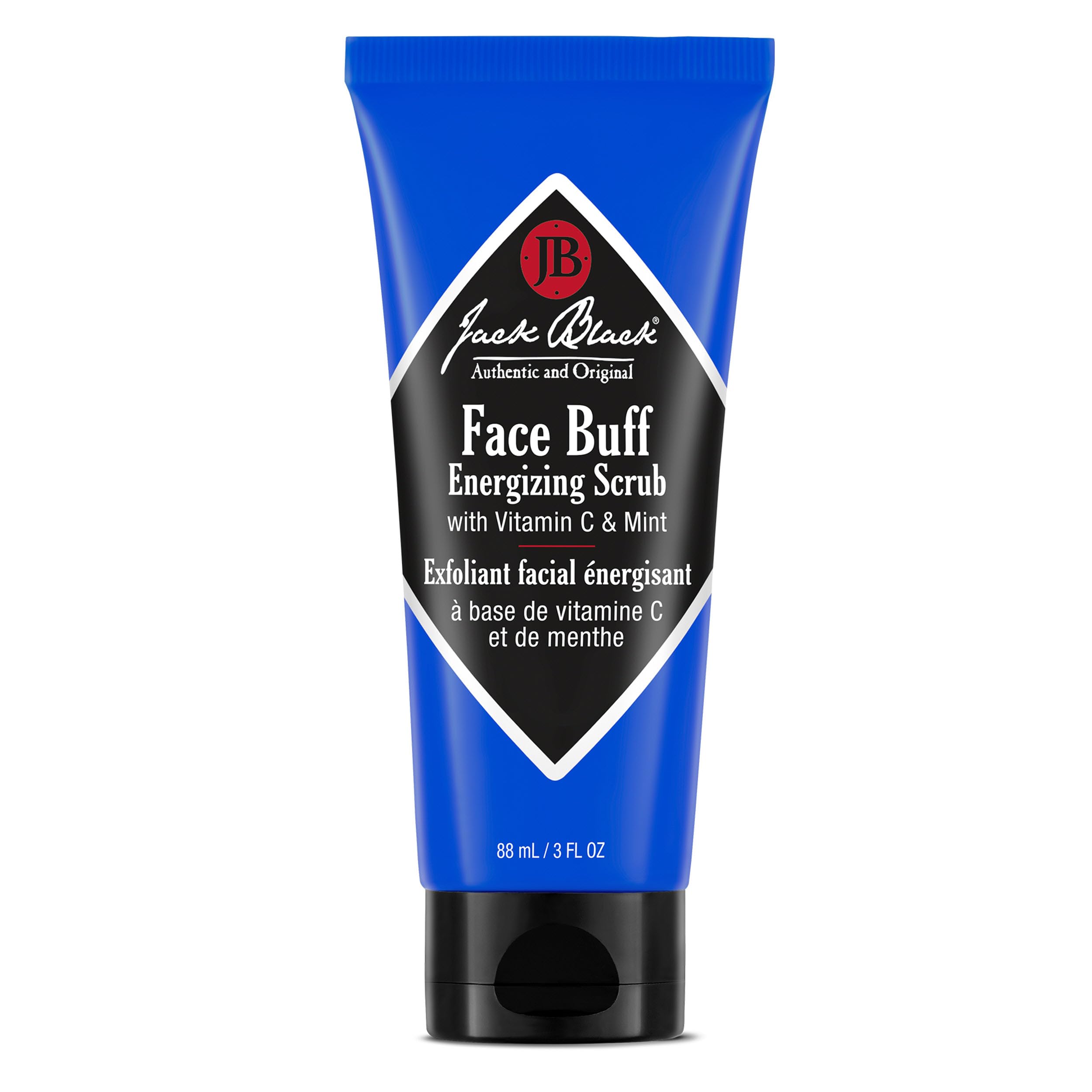 Jack Black Face Buff Energizing Scrub packaging shows premium clean design for daily grooming.