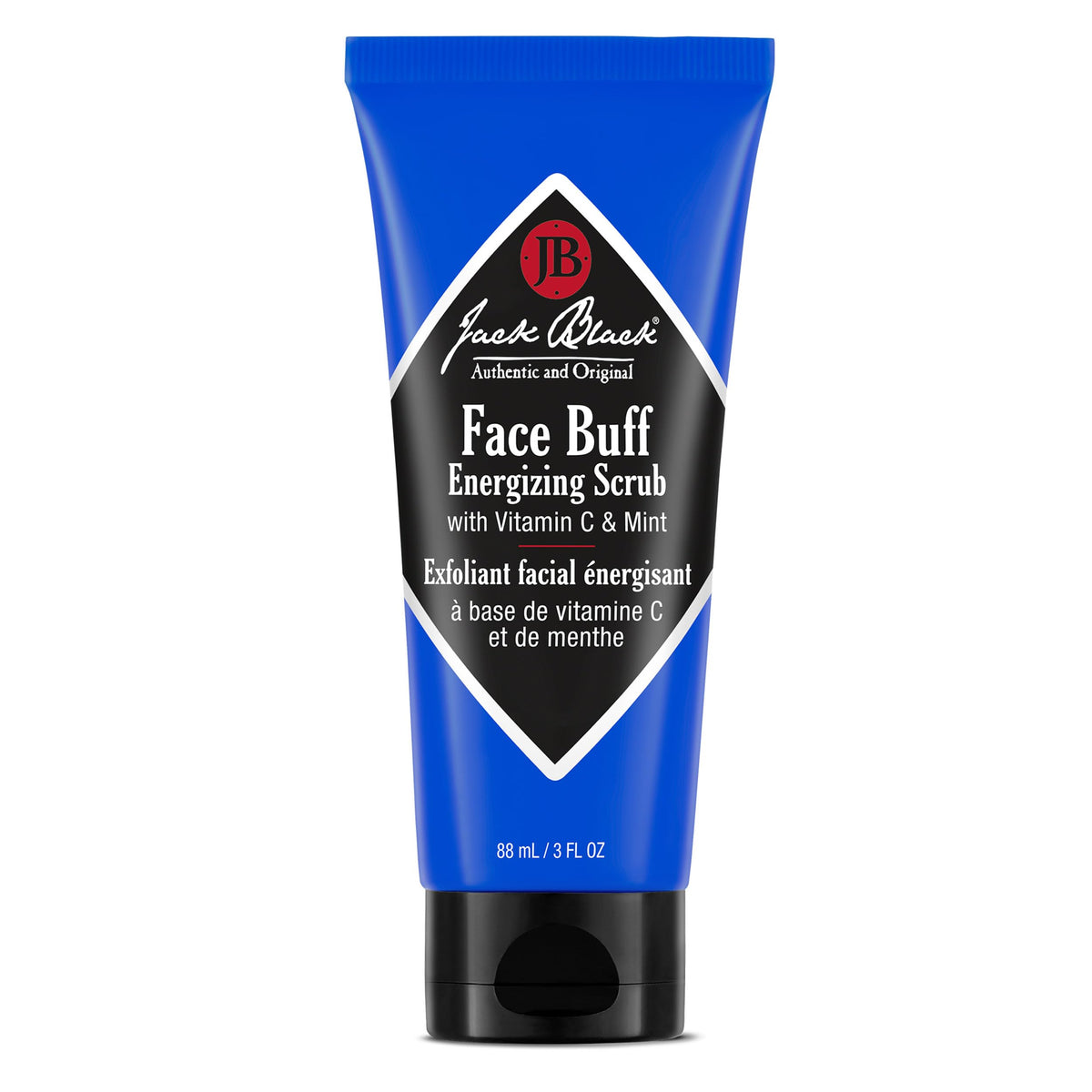 Jack Black Face Buff Energizing Scrub packaging shows premium clean design for daily grooming.