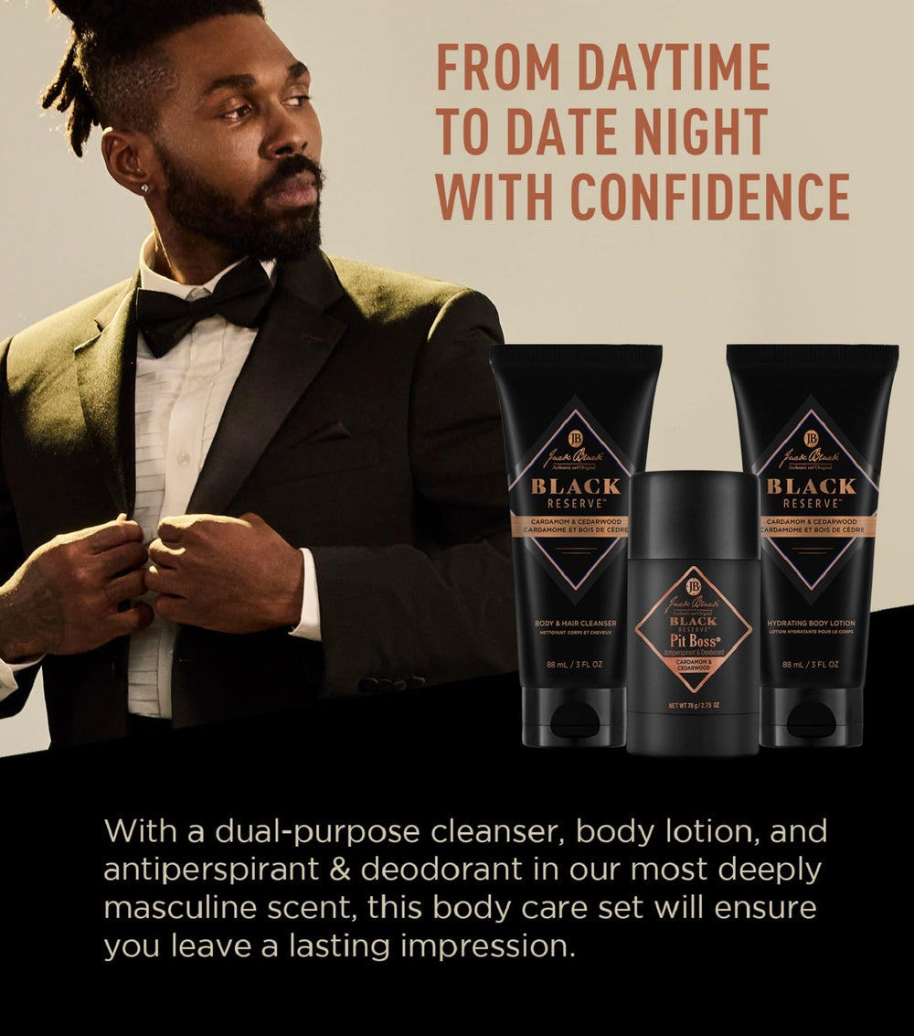 Jack Black grooming kit box displaying the three-piece set for convenient travel