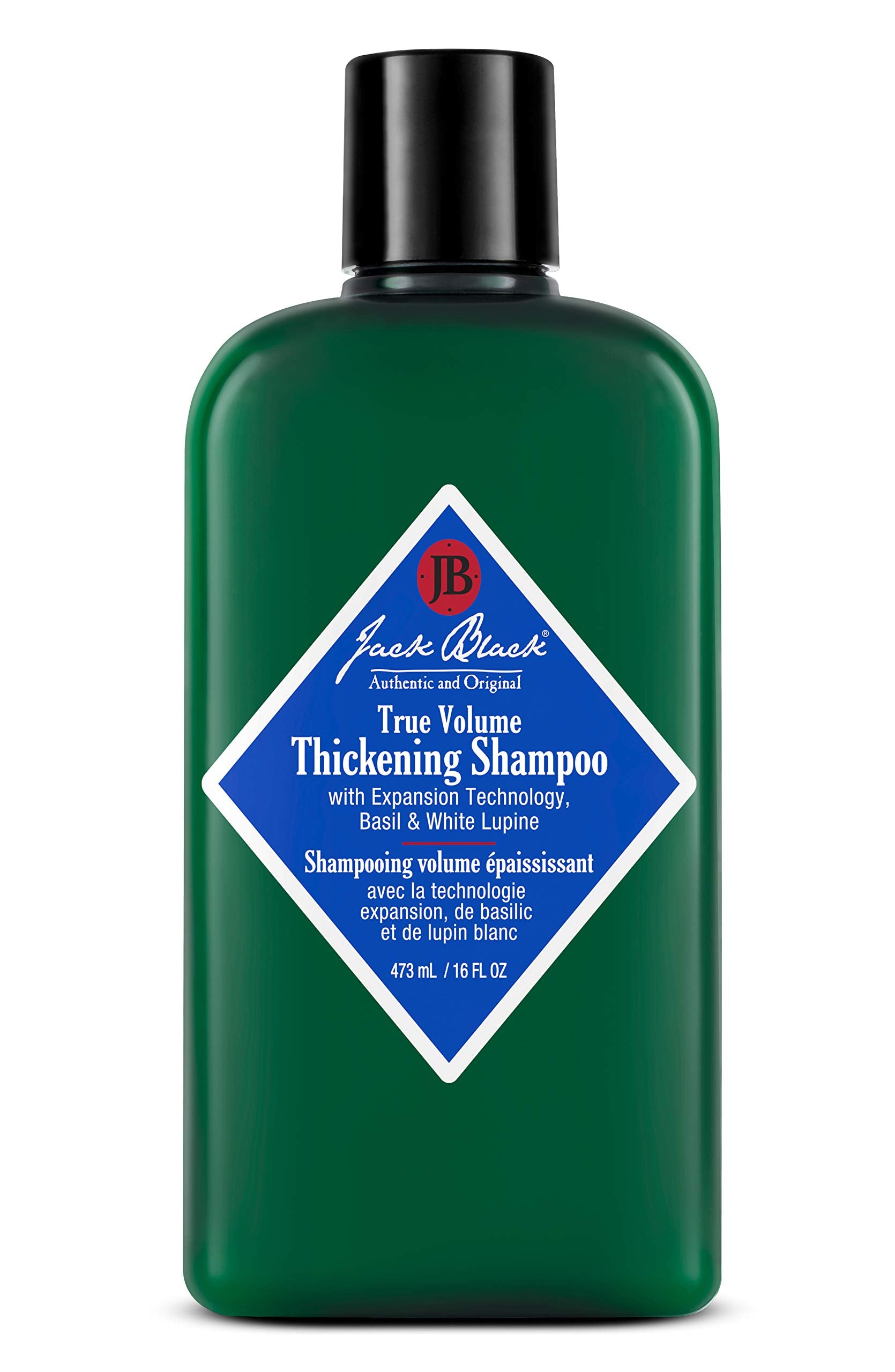 Jack Black True Volume Shampoo bottle showing sleek branding and body-building promise.