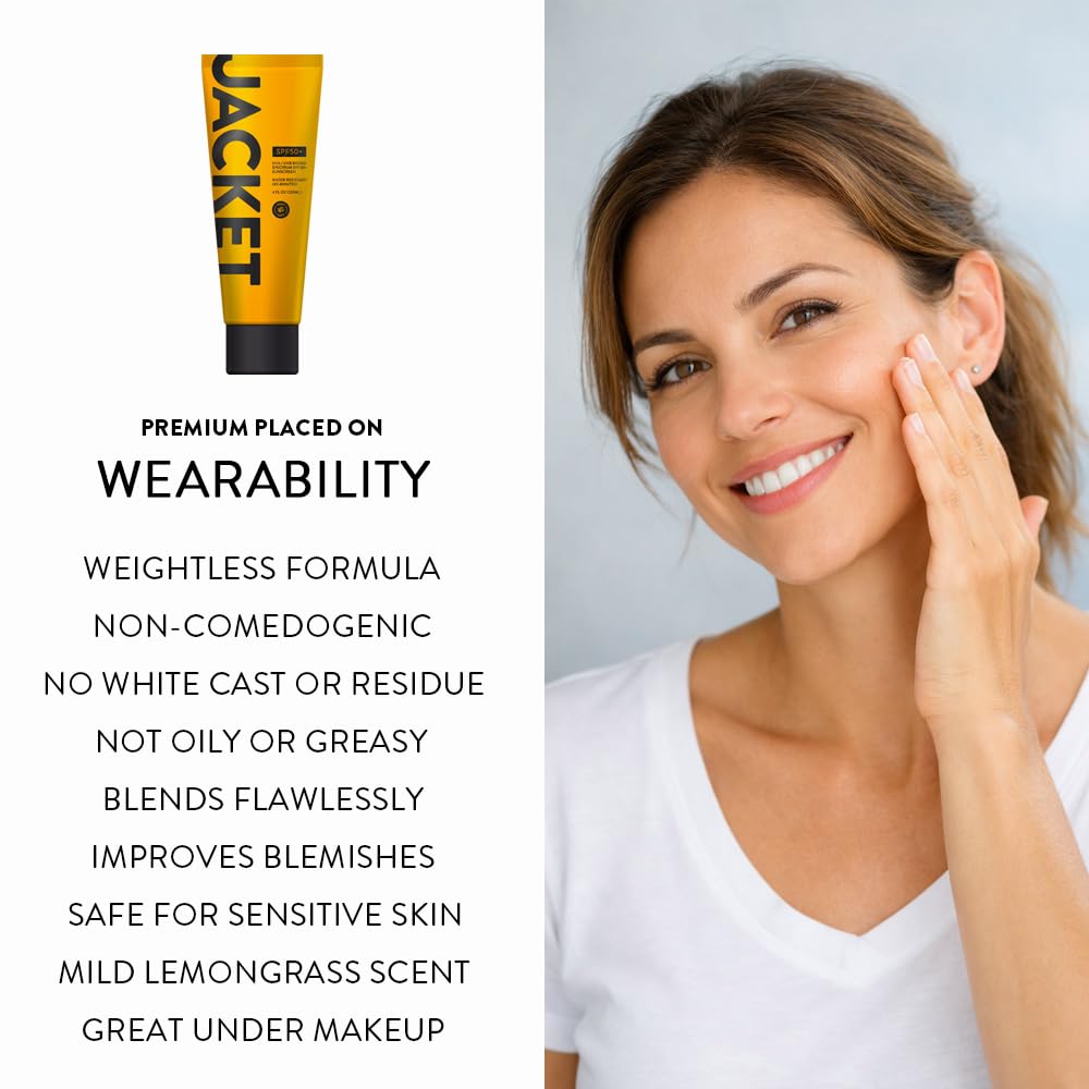 JACKET Sunscreen SPF 50+ packaging emphasizing travel-friendly size