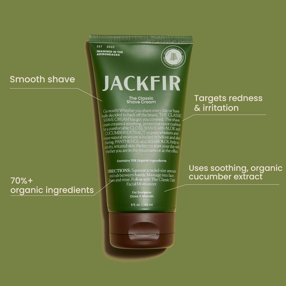 Jackfir Classic Shave Cream bottle in use, applying cream for a smooth glide