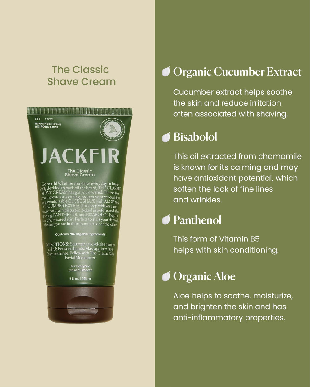 Jackfir Classic Shave Cream tube back with ingredients and certifications
