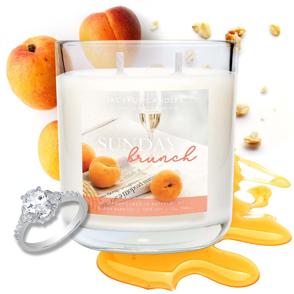 Jackpot Candles Sunday Brunch ring reveal—cozy aroma with hidden jewelry surprise.
