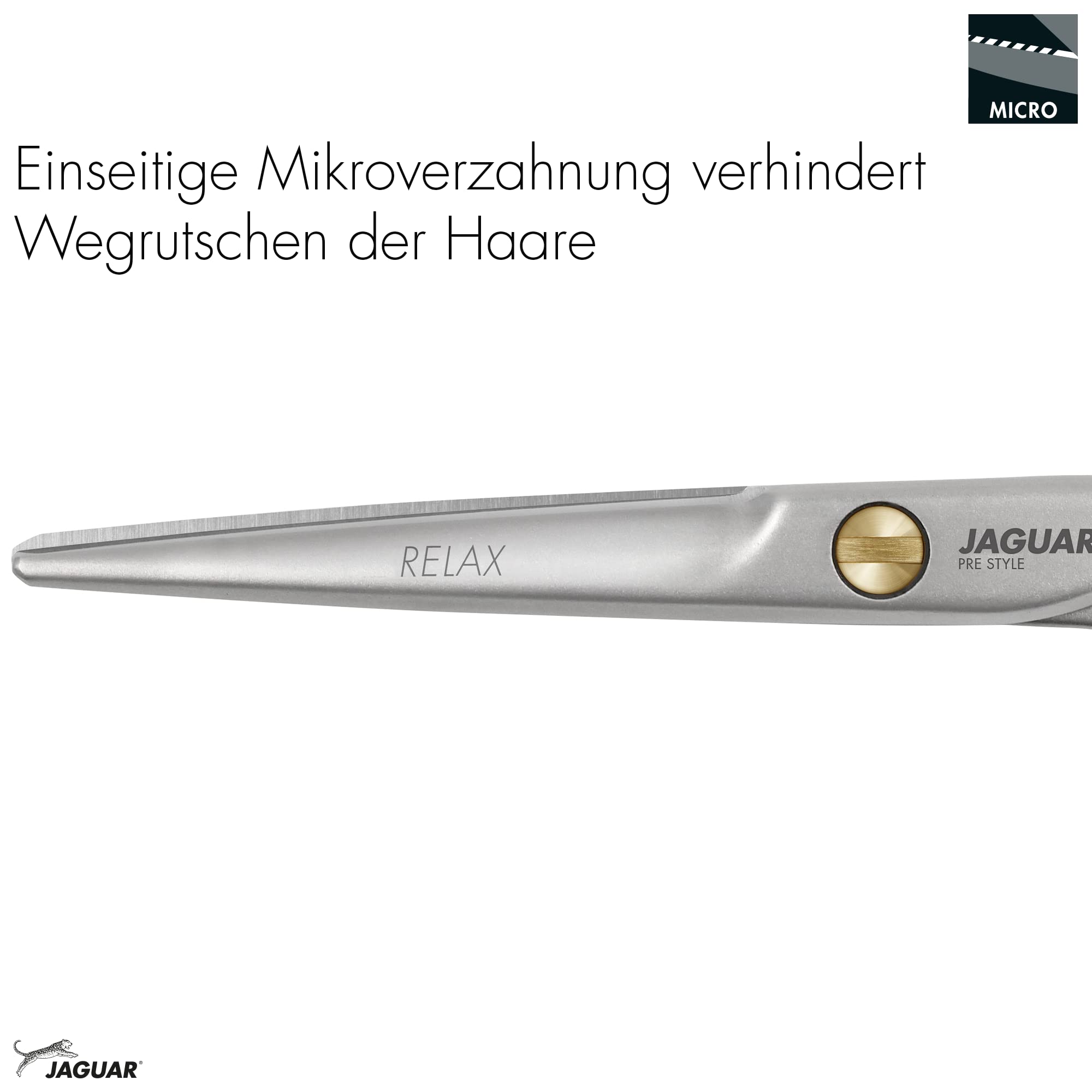 Jaguar Relax Pre Style shears satin finish reduces glare and improves visibility.