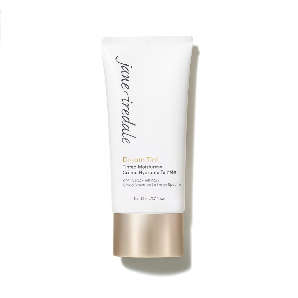 Jane Iredale Dream Tint Warm Bronze bottle highlights lightweight hydration and sun protection.