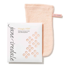 Jane Iredale Magic Mitt cloth over hand with warm water removing makeup gently.