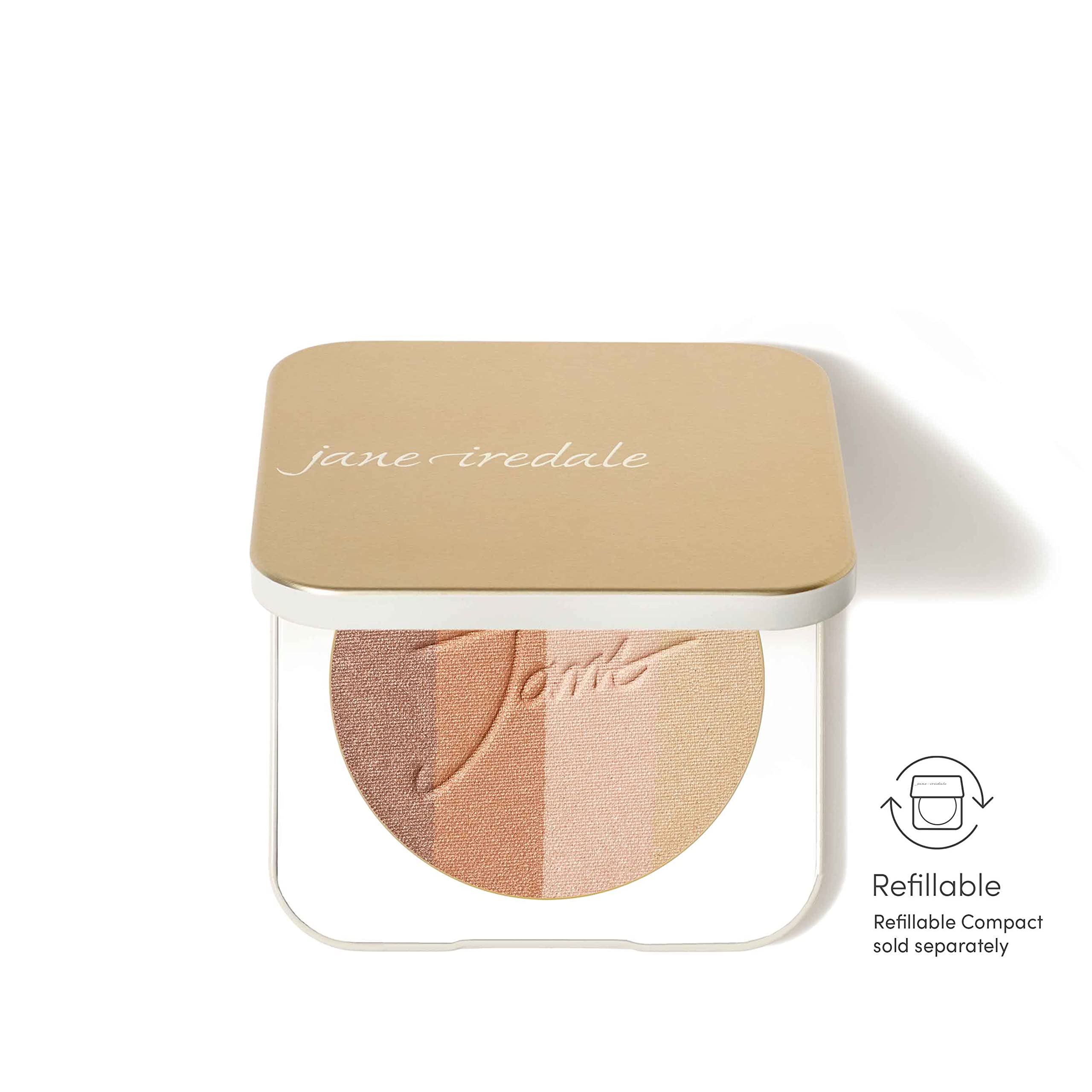 Jane Iredale shimmer bronzer applies a soft glow to cheeks.
