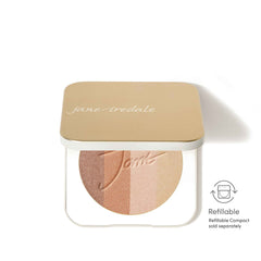 Jane Iredale shimmer bronzer applies a soft glow to cheeks.