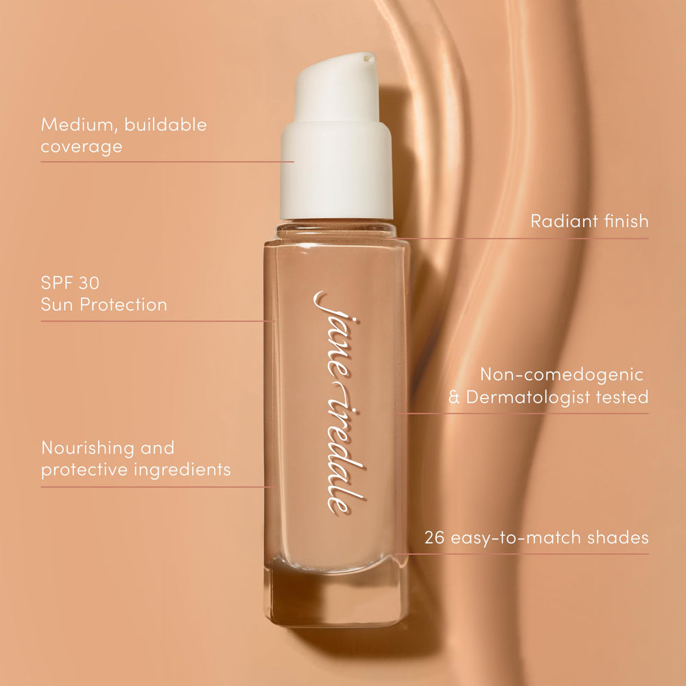 Shade range swatches on wrist illustrate real looking, true to tone results.