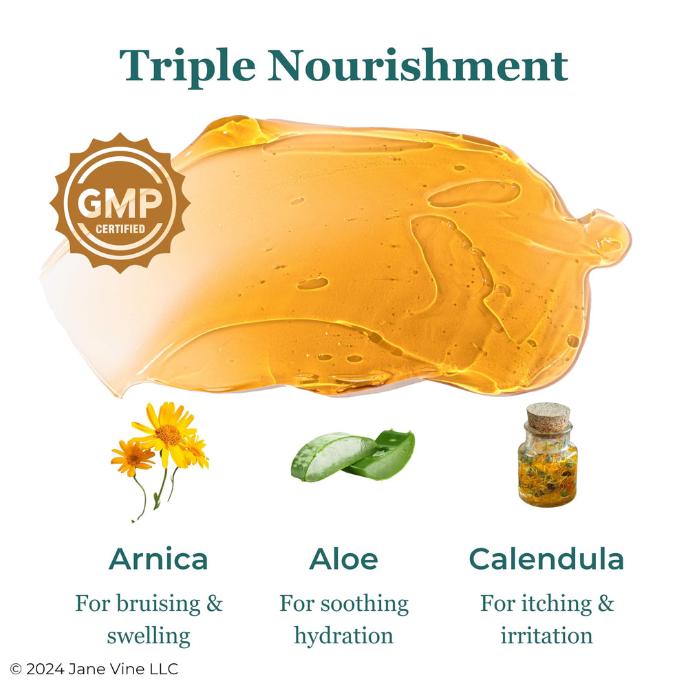Jane Vine Arnica Gel with aloe and calendula close-up highlighting soothing blend.