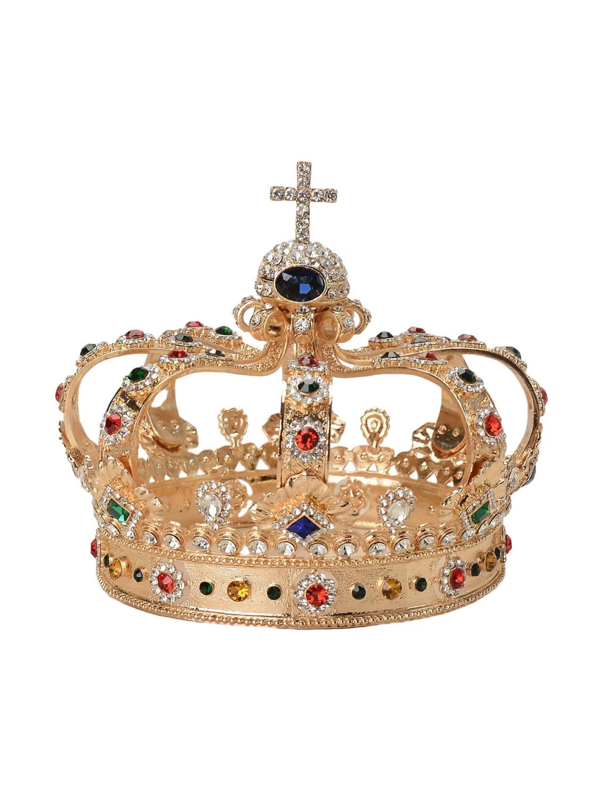 Janefashions round gold crown with multicolor Austrian rhinestones for theater or prom.
