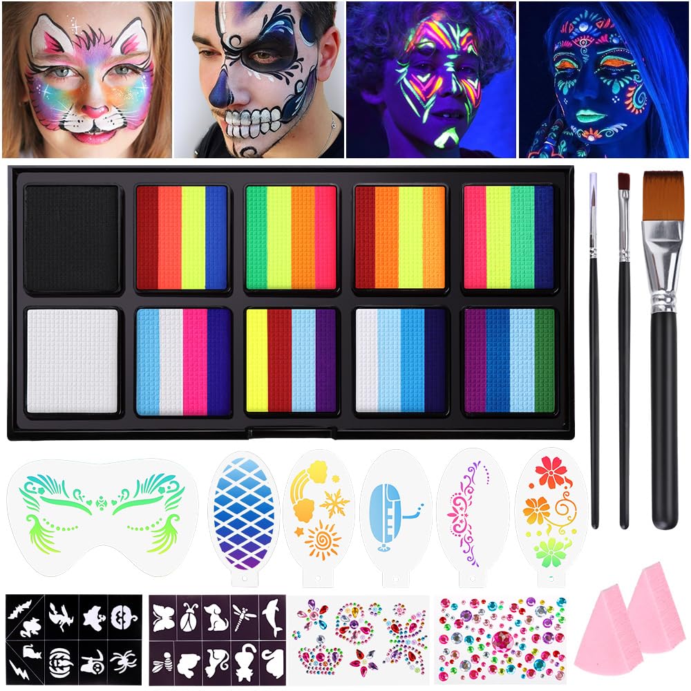 Janolia Rainbow Face Paint Kit UV glow colors for vivid designs.