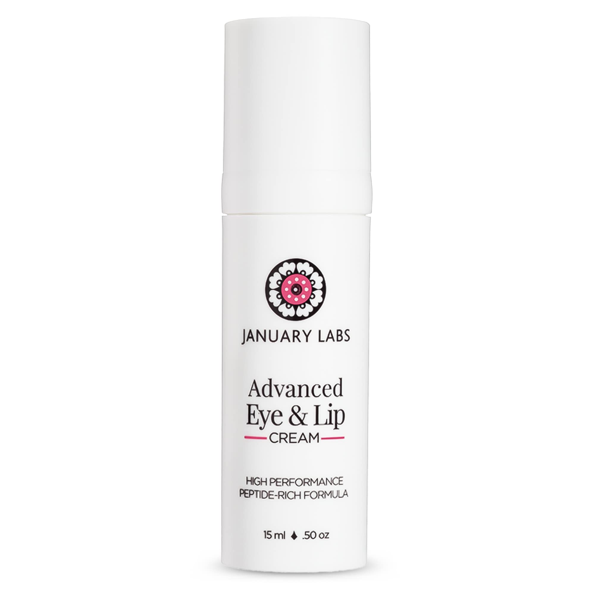 January Labs Advanced Eye and Lip Cream tube close-up showing nourishing texture for delicate skin.