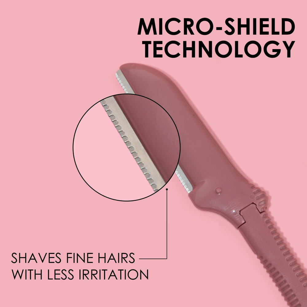 JAPONESQUE dermaplaner used on brows, chin, and lips for precise shaping.