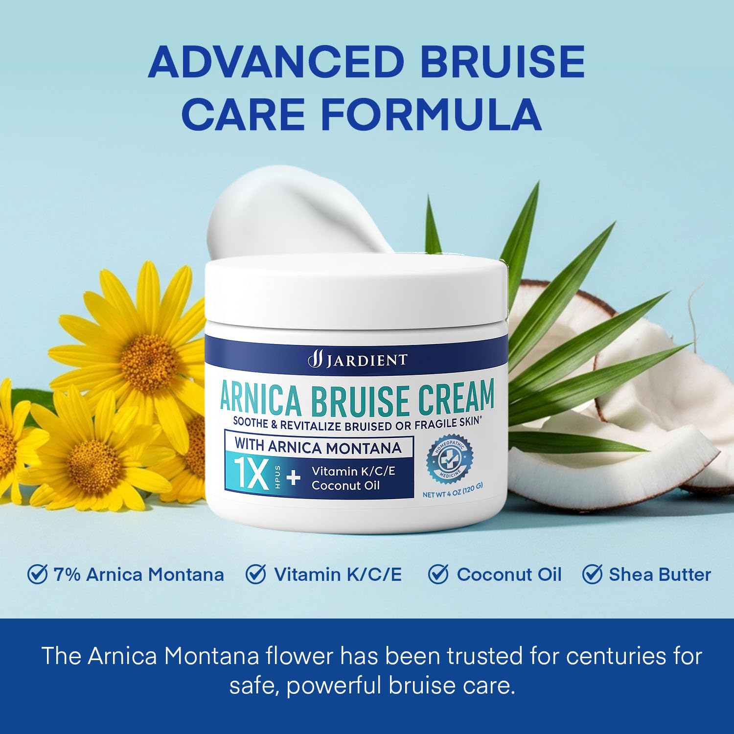 Jardient Arnica Bruise Cream label close-up highlighting Arnica Montana for bruise support