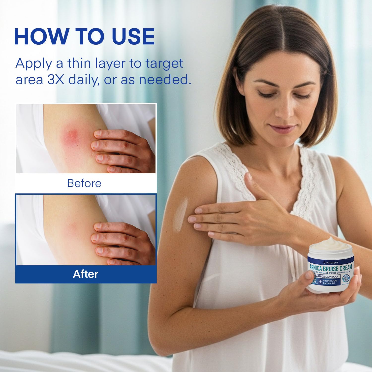 Jardient Arnica Bruise Cream bottle with vitamins K, C, E listed for skin support