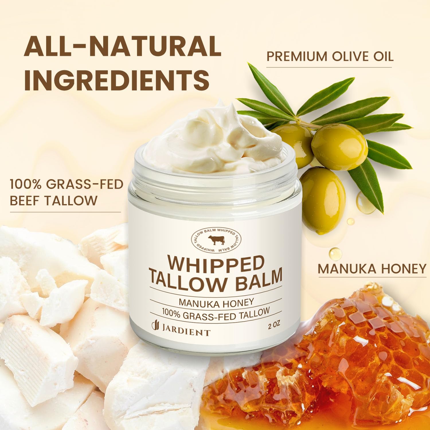 Jardient Beef Tallow Honey Balm jar highlights creamy texture ideal for daily moisture.