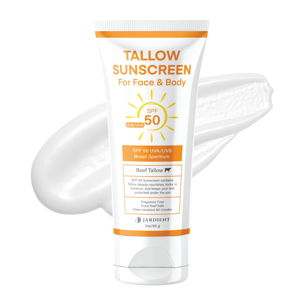 Jardient Beef Tallow Sunscreen bottle close-up highlighting mineral SPF 50 protection