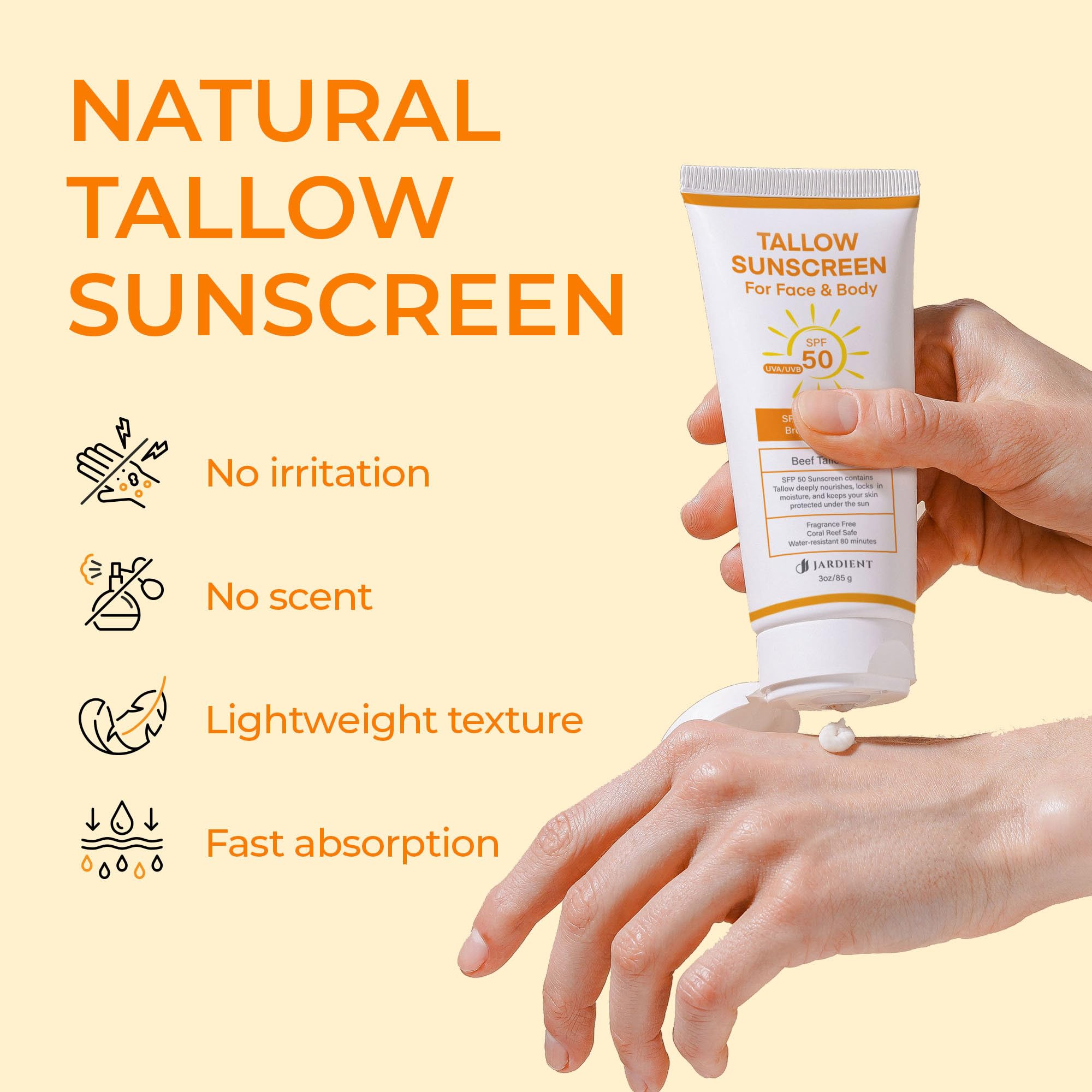 Jardient sunscreen being applied on hand showing a non-greasy finish