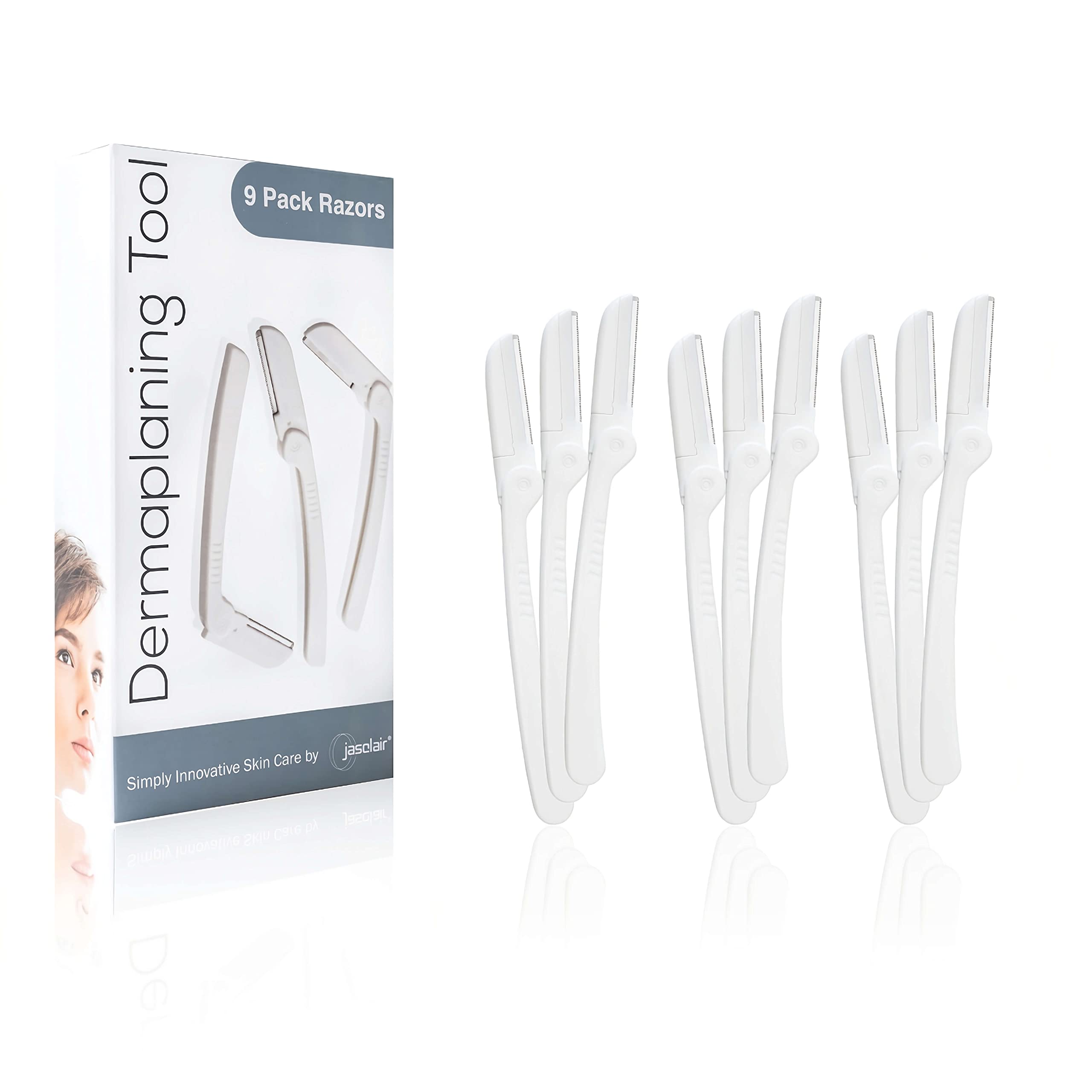 Jasclair Dermaplaning Razor packaging shows premium at-home facial prep kit